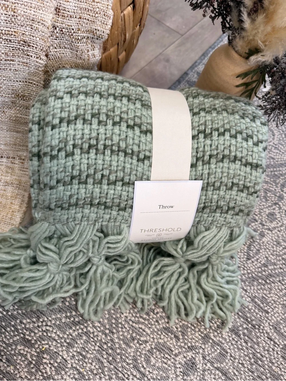 Studio McGee Mint Sage Knit Throw with Fringe